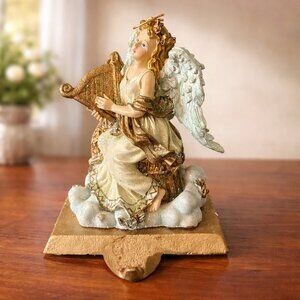 Angel Stocking Holder Gold White Harp Christmas Mantel Decor